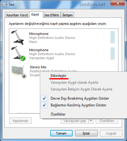 Stereo mix etkinleştir