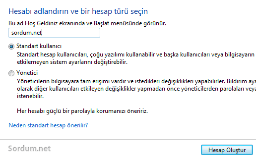 Yeni kullanıcı hesabı