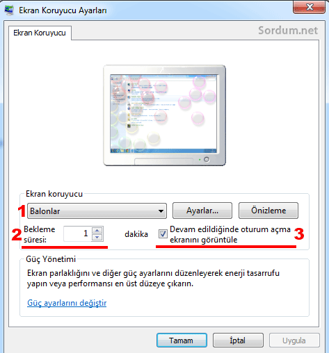 Ekran koruyucu ayarları