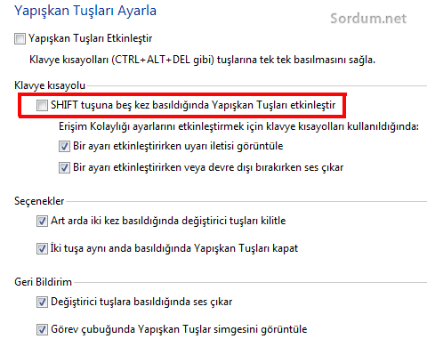 Yapışkan tuş ayarla