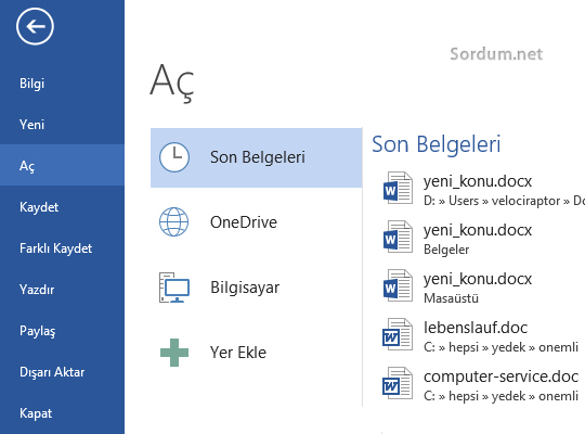 Office 2013 son kullanılanlar