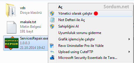 servis tamir aracını yönetici olarak çalıştır