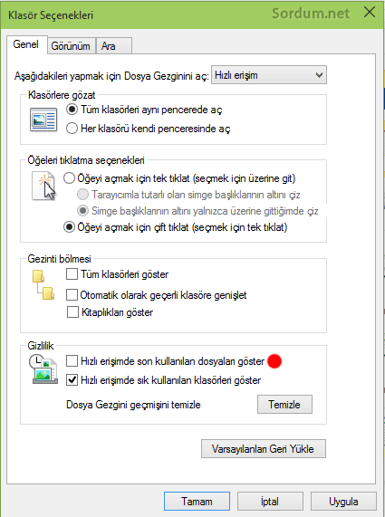 Hızlı erişimde son kullanılan dosyaları göster