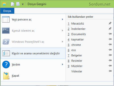 Klasör ve arama seçeneklerini değiştir