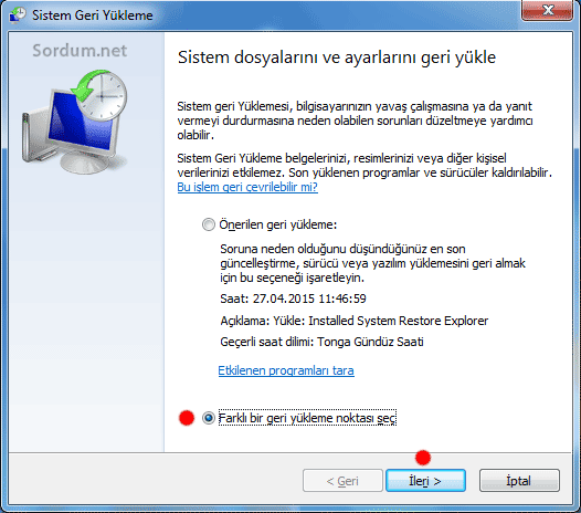 Farklı sistem geri yükleme