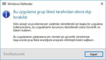 defender grup ilkesi tarafından devre dışı