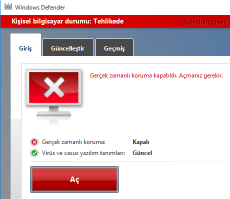 defender gerçak zamanlı koruması kapalı