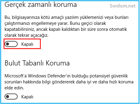 gercek zamanlı koruma kapalı