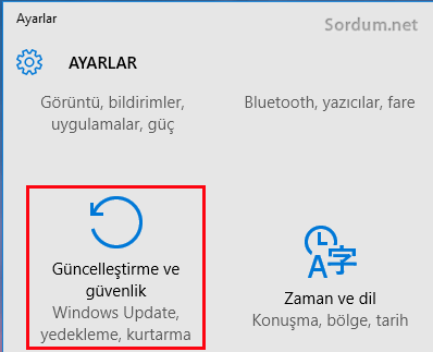 Windows 10 Güncelleme ve güvenlik seçeneği