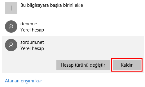 Windows 10 da hesap kaldırma