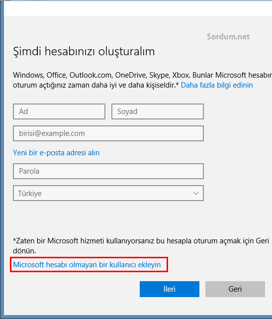 Microsoft hesabı olmayan bir kullanıcı