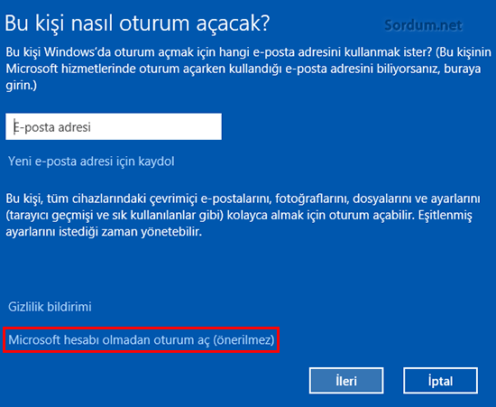 Microsoft hesabı Olmadan oturum açma