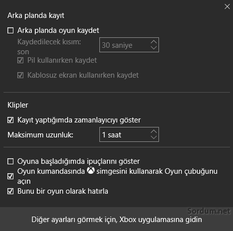 Windows 10 oyun ayar ekranı
