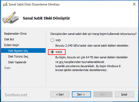 Hyper V sihirbaz vhdx seçimi