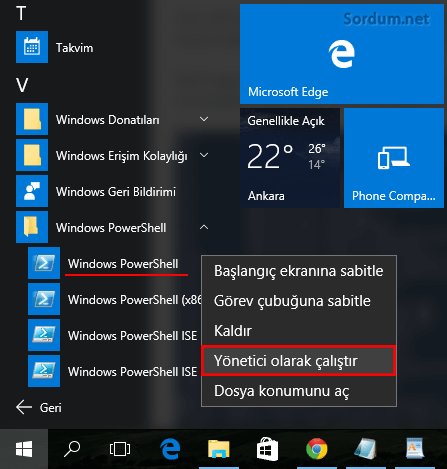 Powersehll i yönetici olarak çalıştır