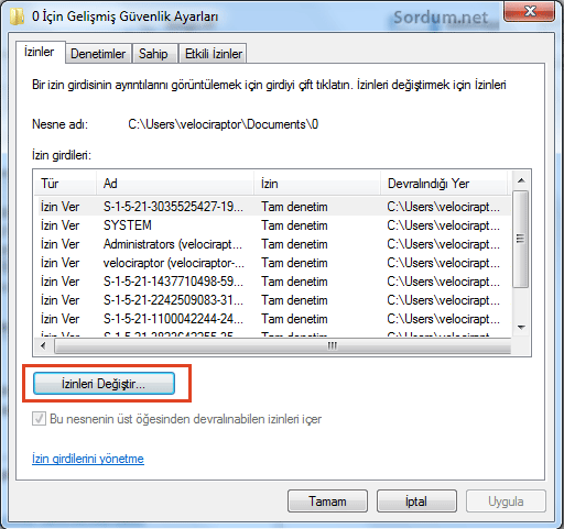 İzinleri değiştir