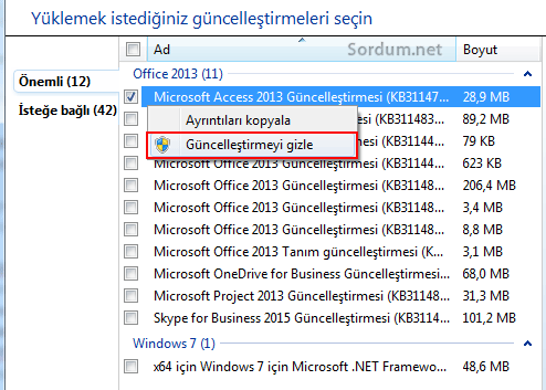 Guncelleştirmeyi gizle