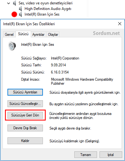 Windows 10 da eski sürücüye geri dönmek