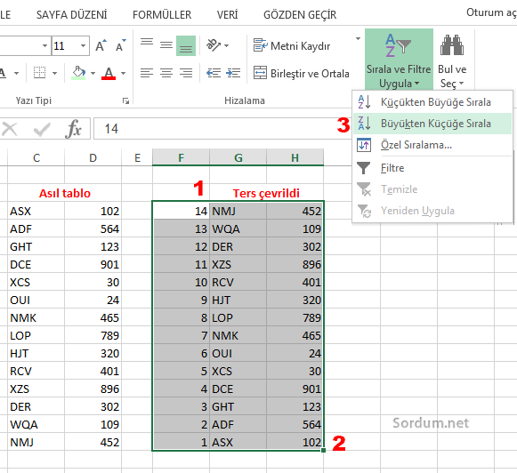 Excel de tabloyu sondan başa sıralamak Excel de tabloyu sondan başa sıralamak
