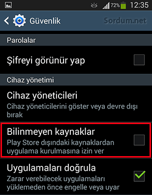 Android bilinmeyen kaynaklara izin ver