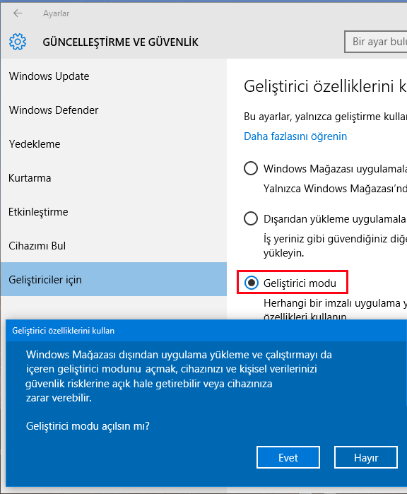 Geliştirici modu açma uyarısı