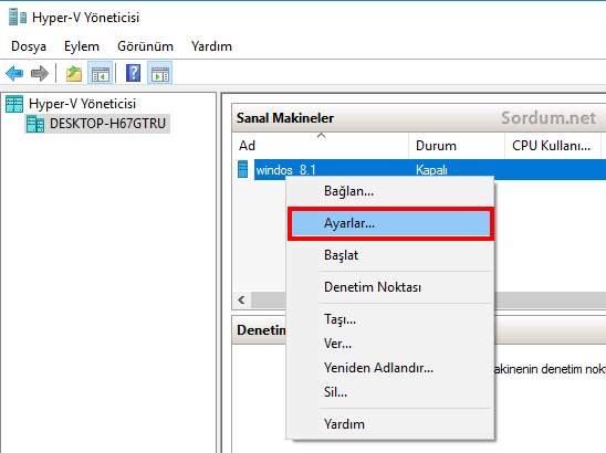 hyper-v sanal makina ayarı