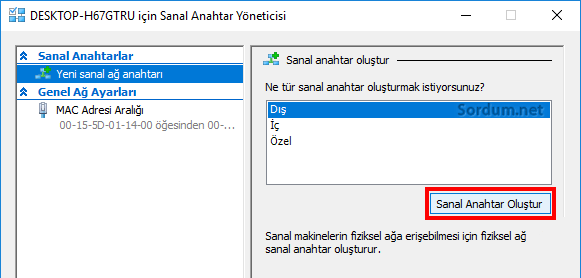 Sanal Anahtar oluştur