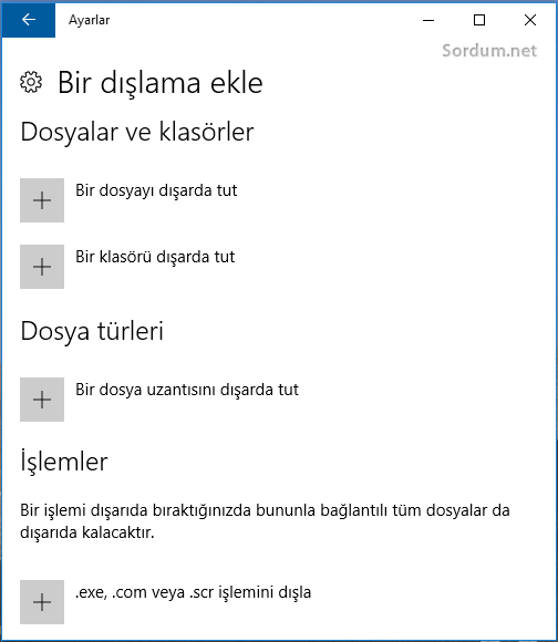 windows defendere dışlama ekle