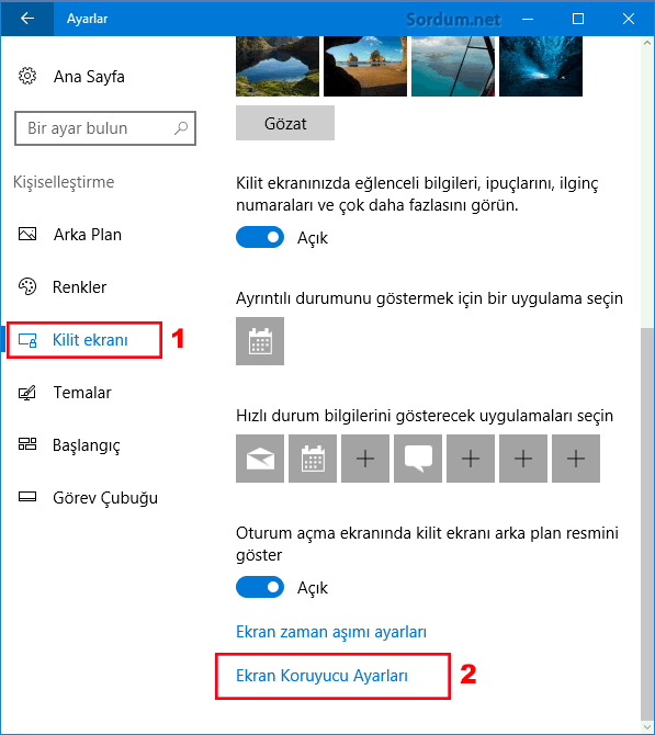 ekran koruyucu ayarlarıne erişim