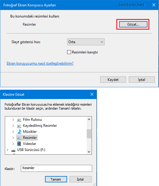 Ekran koruyucu ayarları resim seç