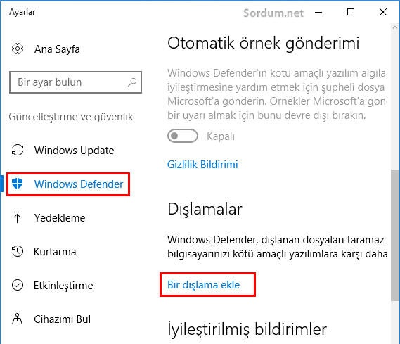 windows defender ayarları