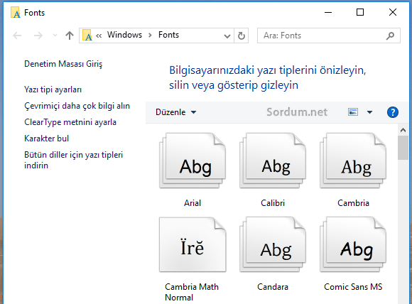 Windows 10 font klasörü