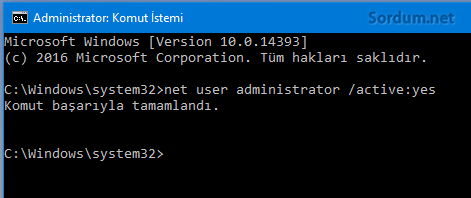 Gizli yönetici hesabını aktifleştirme