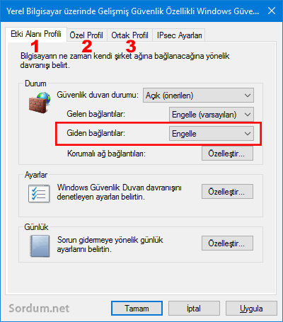 Güvenlik duvarı giden bağlantı engelle