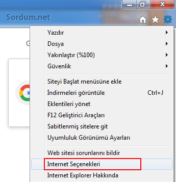 internet explorer internet seçenekleri