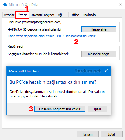 One Drve hesap bağlantısını kaldır