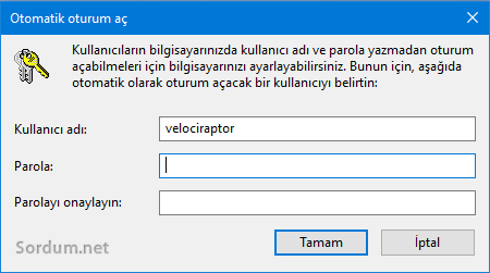Otomatik oturum aç şifre ekranı