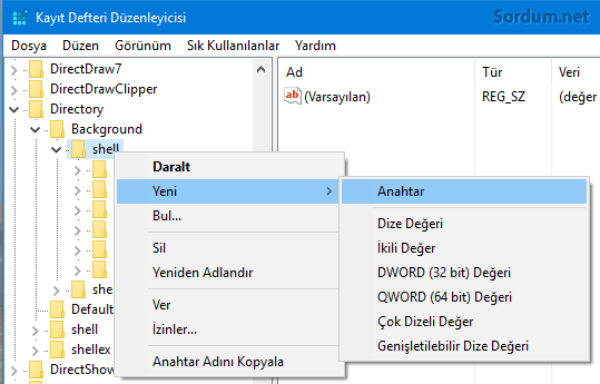 Registryde yeni anahtar oluşturma