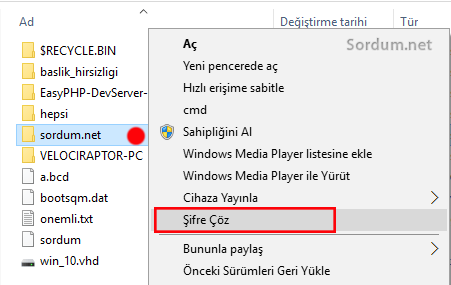 sağ tuşta şifre çöz