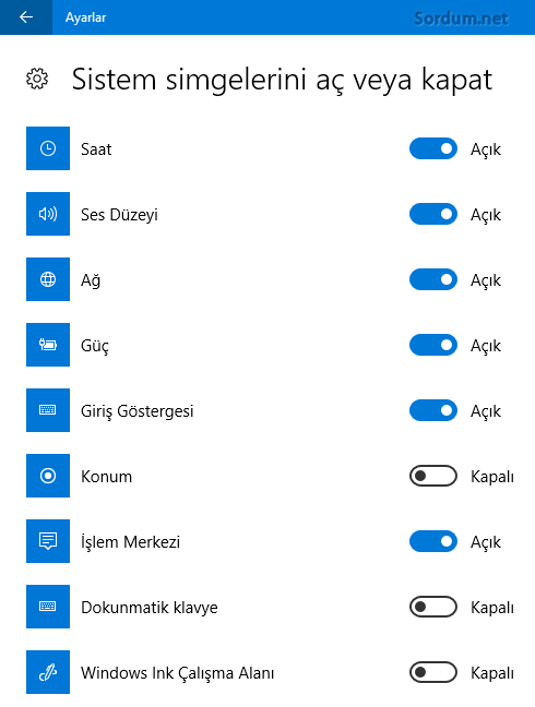 Sistem simgelerini aç veta kapat