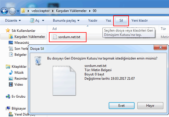 Windows gezgini sil onayı