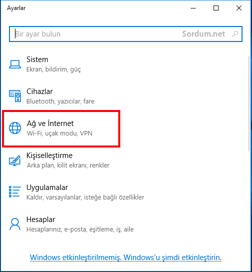 Windows 10 ağ ve internet