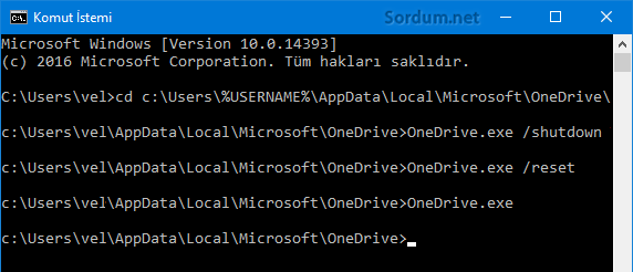Onedrive komut istemi ile sıfırlama