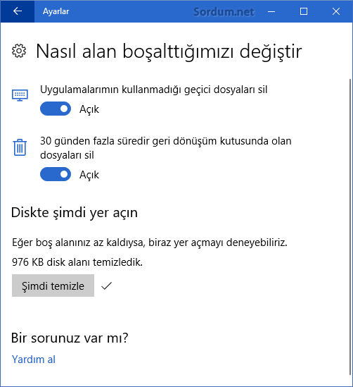 Disk alanı boşaltma ayarları