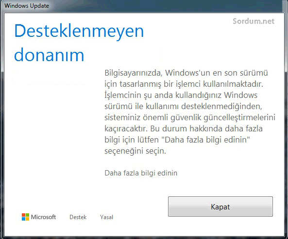Güncelleme sırasında desteklenmeyen donanım hatası