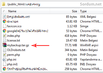 ssh ile alınan yedeğin ftp görüntüsü