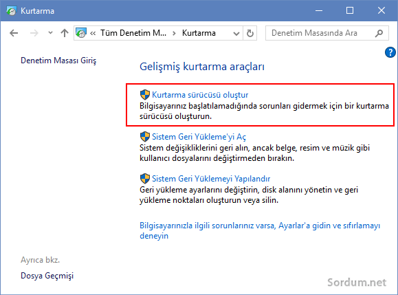 Windows 10 gelişmiş kurtarma araçları