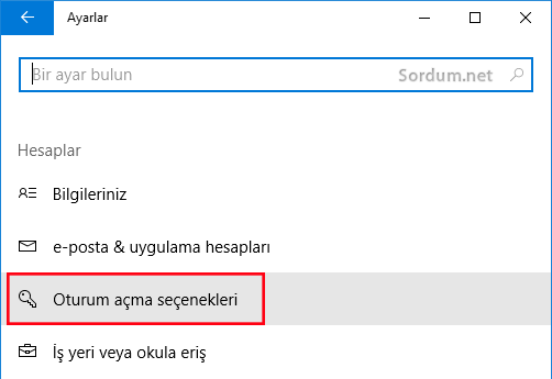 oturum açma seçeneği