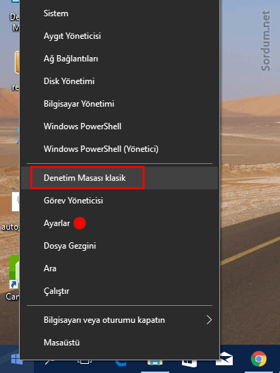 Windows x menüsüne denetim masası kısayolu