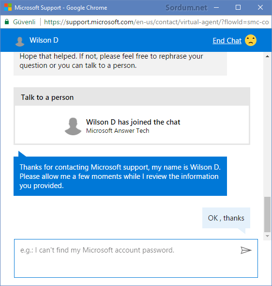 Microsoft çalışanı ile sohbet penceresi